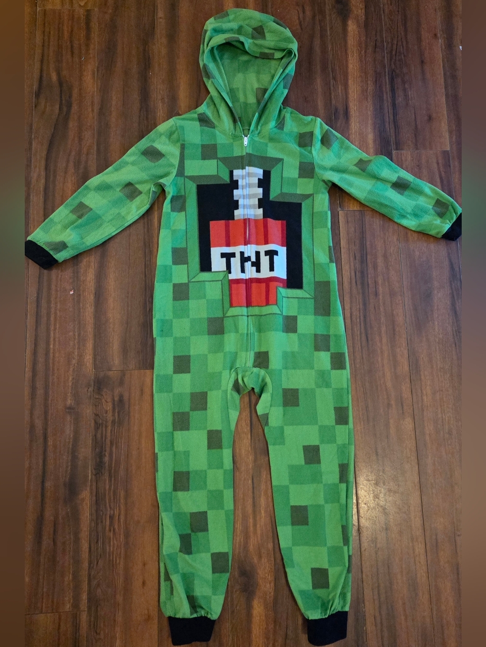 Kid's Green & Black TNT Minecraft Hooded Pajama One-Piece Size 6/7